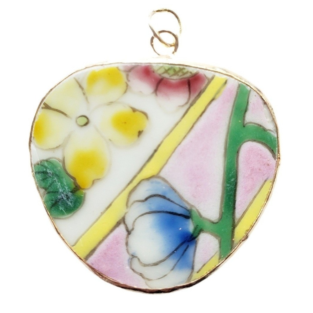 Vintage Broken China Floral Pendant Pink Yellow Upcycled Pottery Shard Jewelry